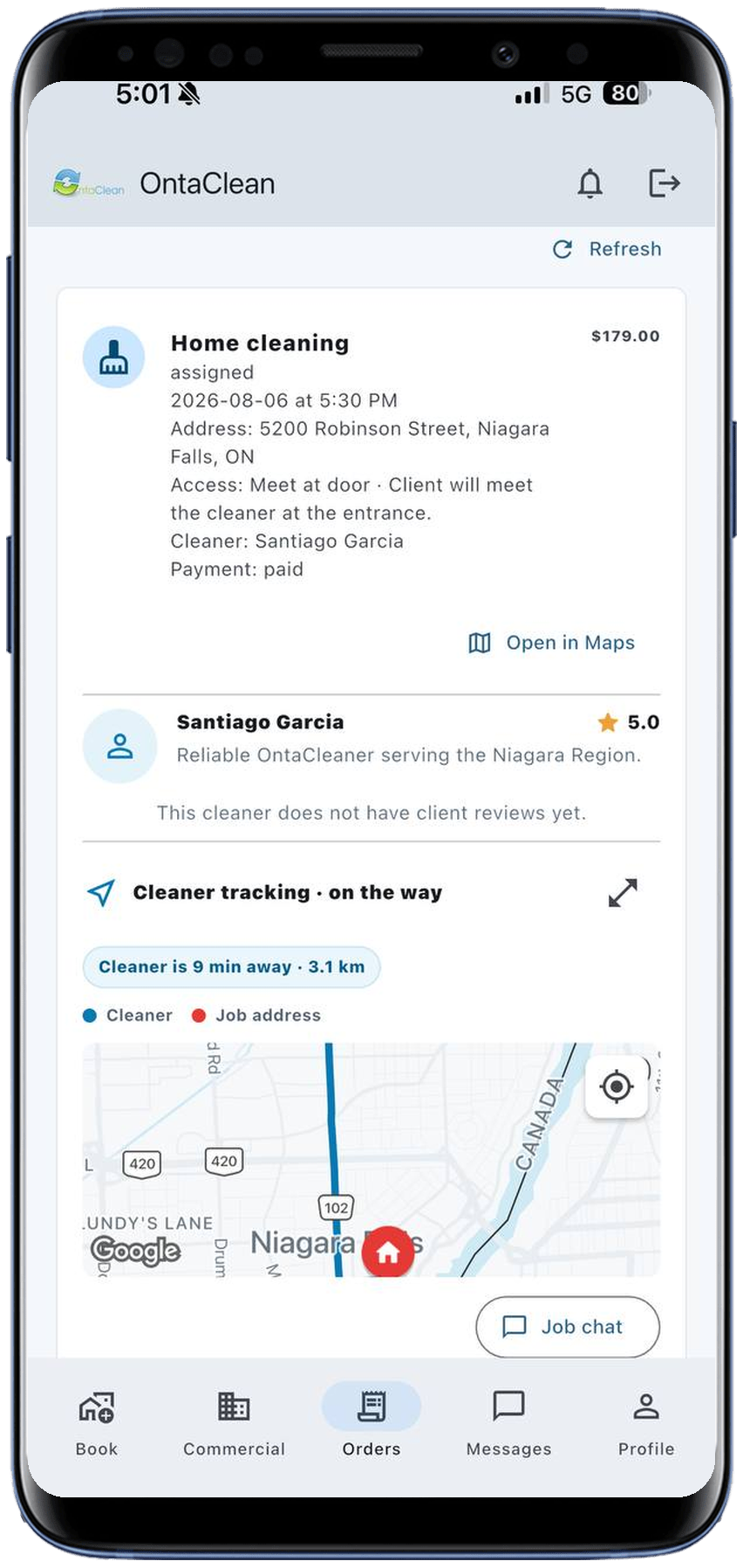 OntaClean order and cleaner tracking screen
